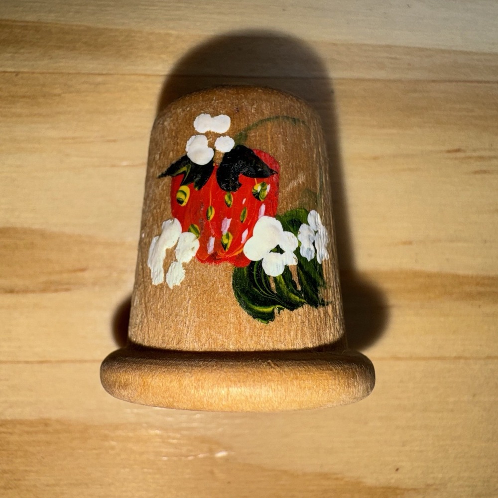 Wooden Hand Painted Thimble Strawberry Floral Collectible Trinket